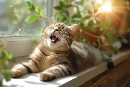 Sleepy Scottish Fold cat yawning mid-stretch while curled up on a sunny windowsill with houseplants