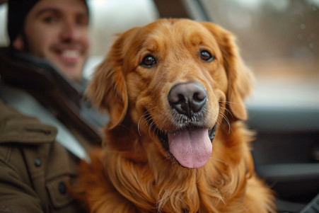 Concerned dog owner comforting their panting golden retriever in the backseat of a car
