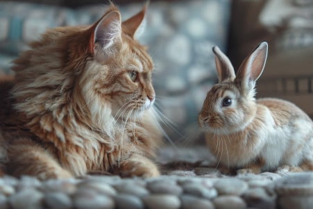A large, sleepy Maine Coon cat staring intently at a small, fluffy white rabbit in a home environment