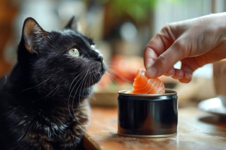 Black domestic shorthair cat sitting next to an open can of salmon, looking at it curiously