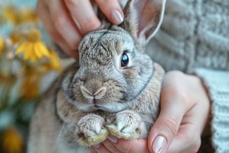 Person carefully clipping the nails of a relaxed grey and white Lop rabbit