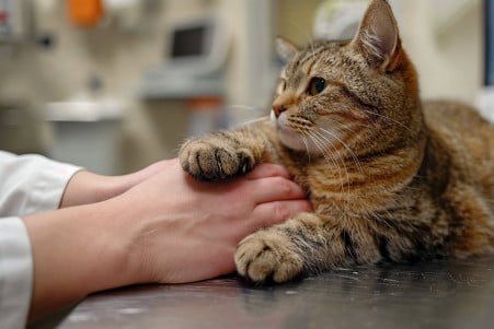 Veterinarian gently holding the paw of a Persian cat during a medical examination in a clean, clinical setting