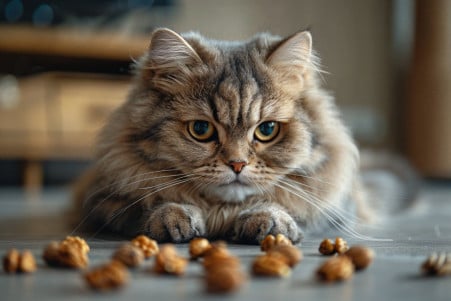 Concerned Persian cat staring at a pile of pecans on the floor, avoiding the toxic nuts