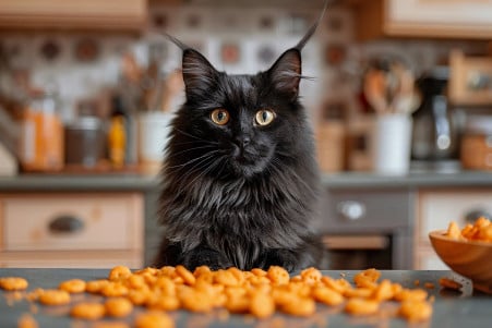 Black Maine Coon cat sitting on a kitchen counter surrounded by spilled goldfish crackers, with a slightly worried expression