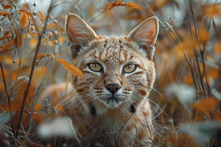 A majestic Savannah cat with an elongated neck and tall, thin frame prowling cautiously through tall grass and foliage, looking ready to pounce on prey
