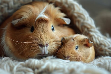 A newborn tan-colored guinea pig curled up next to a female adult guinea pig watching over it