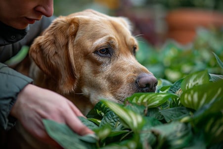 Labrador Retriever with a worried expression sniffing a large hosta plant, with the owner's hands reaching to stop the dog