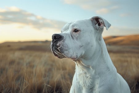 Portrait of a large, muscular Dogo Argentino with a solid white coat and focused expression, standing in a countryside setting