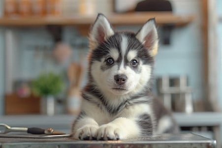 Obedient Siberian husky puppy sitting on a grooming table, with nail clippers positioned near its extended paw