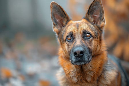 Tense, alert German Shepherd standing in a park with a fearful expression