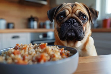 Pug dog sitting next to a bowl of cooked quinoa, looking at it curiously