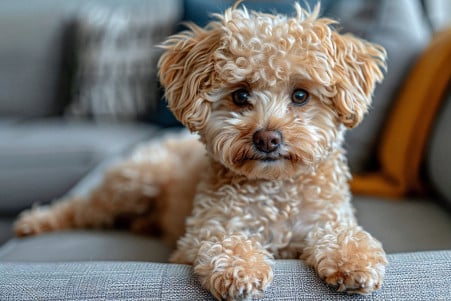 A Maltipoo with a soft, curly white and apricot coat sitting calmly on a couch in a modern living room