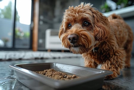 A medium-sized brown dog sniffing at a litter box with cat litter, displaying a curious expression