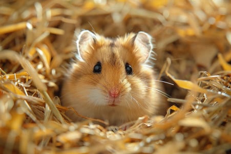 Studio shot of a roborovski dwarf hamster peeking out from a nest of timothy hay and wood shavings