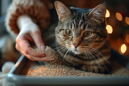 A woman's hand gently adding cat litter to a litter box, with a curious grey tabby cat watching nearby