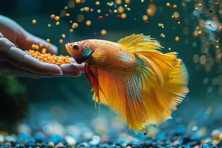 Close-up of a hand sprinkling colorful fish pellets into an aquarium with a vibrant yellow betta fish swimming among them