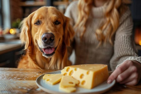 Smiling Golden Retriever sitting next to a plate of sliced Swiss cheese, owner's hand gently holding the dog back