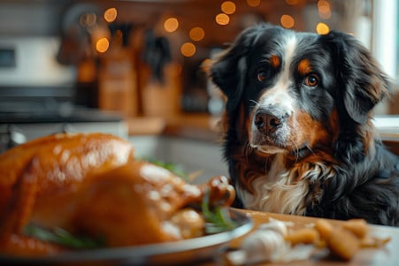 Bernese Mountain Dog sitting patiently next to an open rotisserie chicken, gazing at it with longing eyes