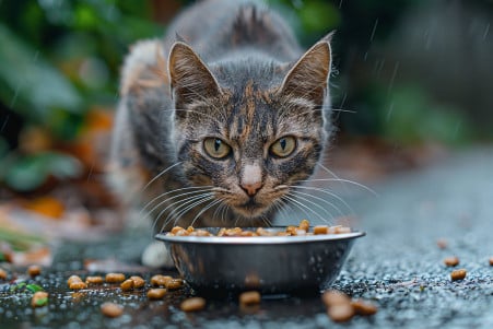 Sleek, grey feral cat cautiously approaching a bowl of wet cat food