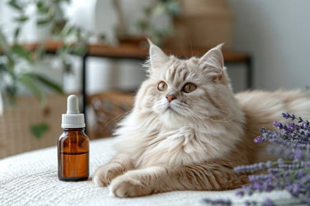 Persian cat with a plush cream coat resting next to an open bottle of lavender essential oil, with a wary expression