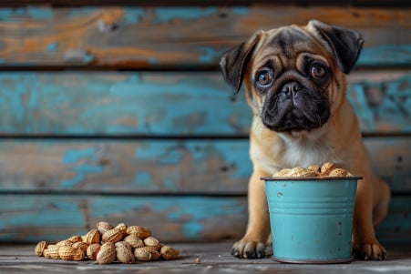 A sad-looking Pug dog sitting next to an empty peanut container, with scattered peanut shells on the floor around it