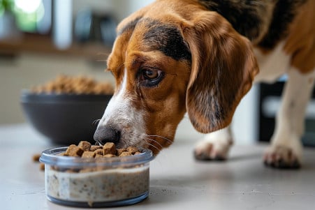 Curious beagle sniffing a container of xanthan gum powder in a modern kitchen setting