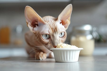 Inquisitive Sphynx cat sniffing at a small dollop of mayonnaise on a kitchen counter