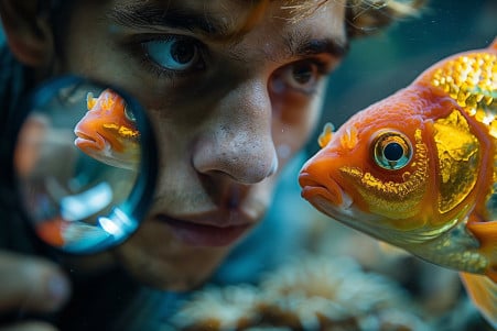 Man with magnifying glass inspecting a bright orange female goldfish in a clean aquarium