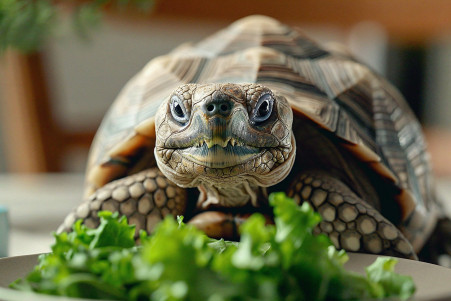 Close-up of a Sulcata tortoise turning away from a plate of fresh greens in a home environment