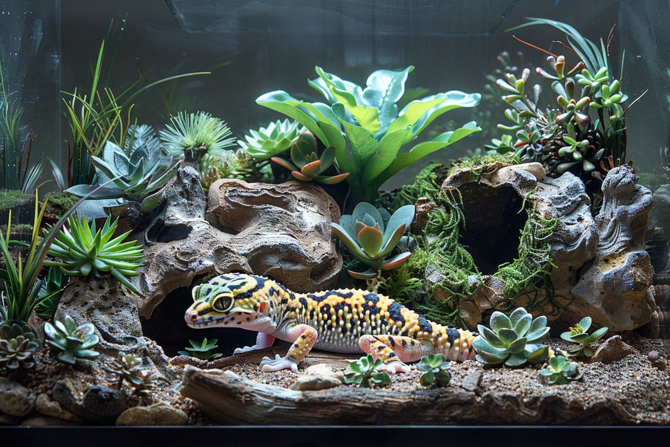 Wide angle view of an empty leopard gecko terrarium with hiding spots, rocks, and plants, featuring a single curled up leopard gecko
