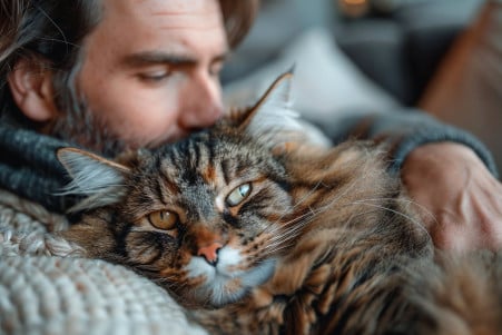 A man gently feeling the ears of his large Maine Coon cat, with a worried expression