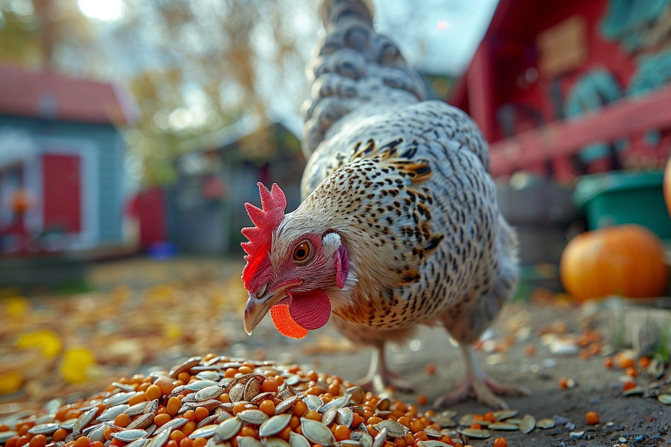 Close-up portrait of a speckled Orpington chicken pecking at pumpkin seeds on the dirt floor of a chicken run