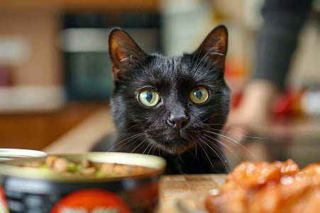 Black cat with green eyes sitting on a kitchen counter, sniffing an open can of chicken