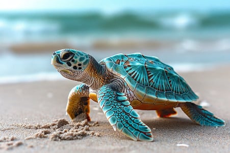 Small green sea turtle with a rough, textured shell crawling across a sandy beach