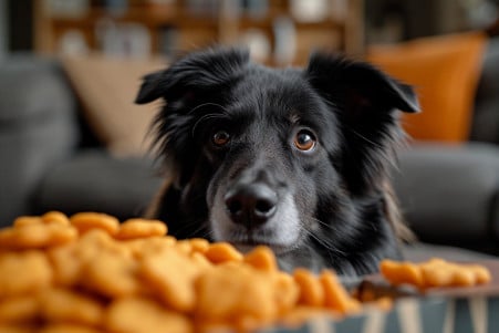 Concerned Border Collie sitting in front of Goldfish crackers, sniffing them with hesitation