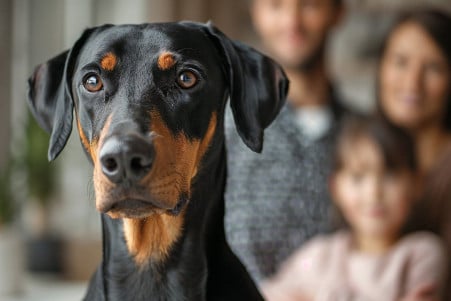 A Doberman Pinscher standing protectively in front of a family, with a trim, athletic build and cropped ears