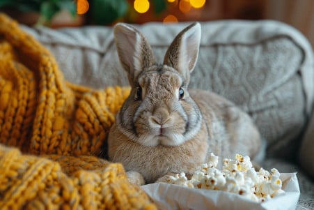 Relaxed rabbit on a couch, disinterested in the open bag of popcorn on the coffee table