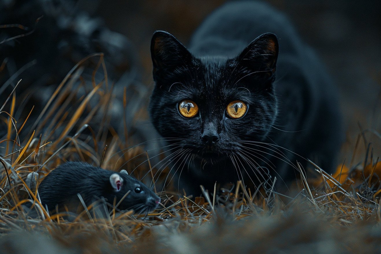 A sleek black cat crouched low in tall grass, staring intently at a rat in the foreground