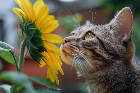 Close-up of a tabby cat sniffing a yellow sunflower, with the cat's soft fur and green eyes in focus