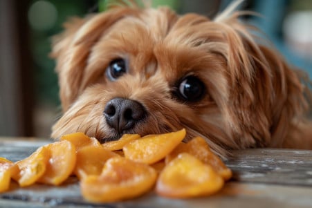 Shih Tzu dog sniffing at a pile of dried mango slices on a wooden table