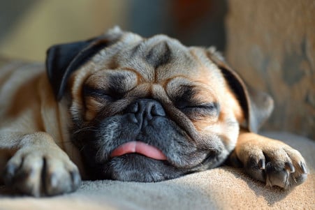 A sleeping Pug with its distinctive wrinkled face and short muzzle, its pink tongue slightly lolling out