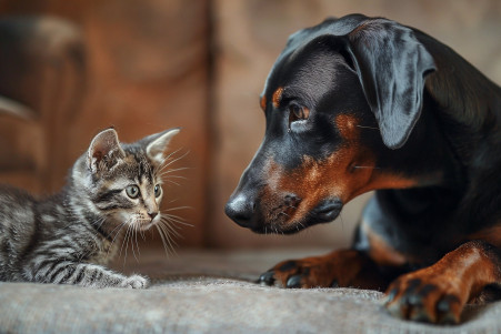 Doberman Pinscher standing over a cowering domestic shorthair cat, showcasing the dog's dominant posture