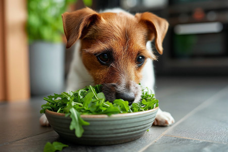 Small Jack Russell Terrier examining a bowl of fresh arugula in a modern kitchen