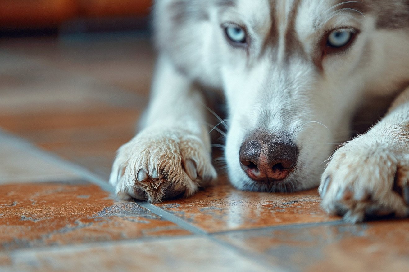 Close-up of a Siberian Husky vigorously scratching at a tile floor, leaving visible claw marks