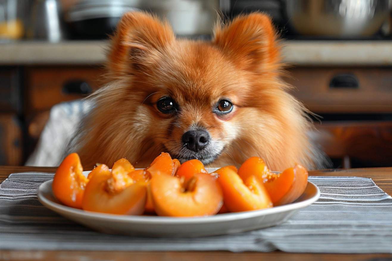 Fluffy Pomeranian dog approaching a plate of sliced persimmons in a kitchen setting