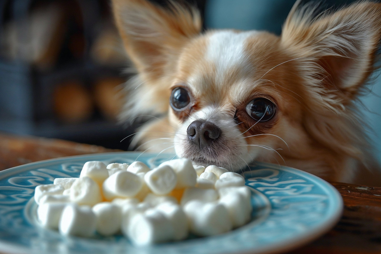 Close-up of a Chihuahua staring at a plate of fluffy white marshmallows