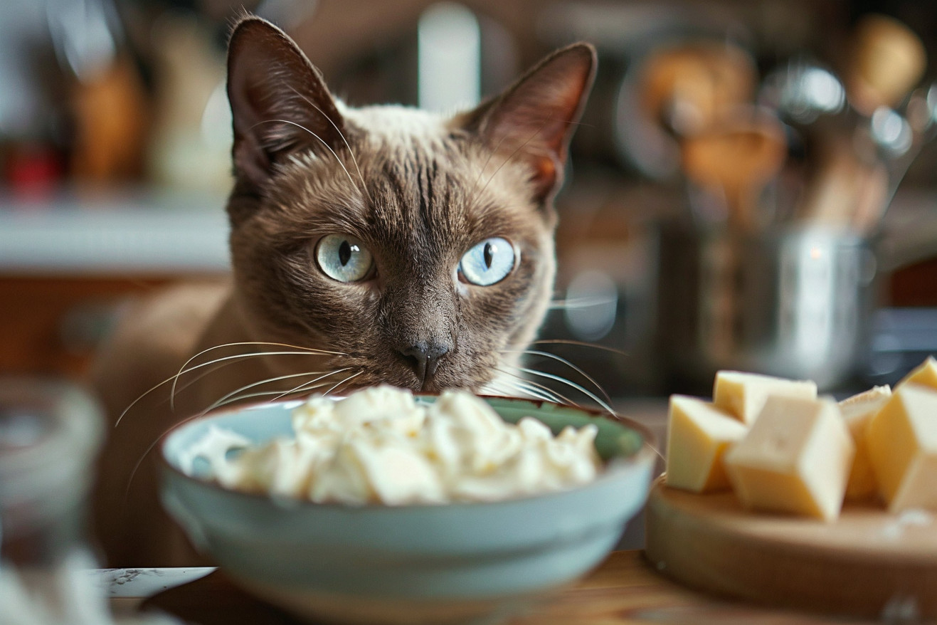 A Burmese cat with a short, glossy brown coat peers into a mixing bowl filled with sour cream, with a hesitant expression