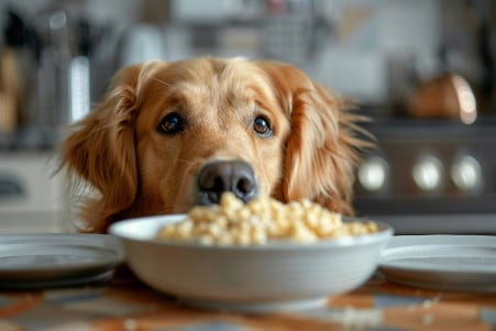 Golden Retriever sniffing a bowl of cream of wheat on a kitchen counter