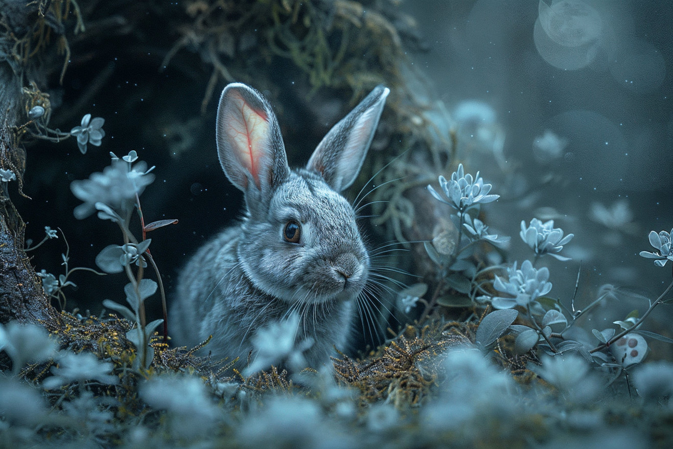 A sleek, grey Mini Rex rabbit with large alert ears standing guard at the entrance of its burrow in a nighttime forest scene