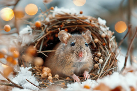 A curious-looking brown rat with a pointed snout and pink tail sitting inside a cozy nest made of shredded newspaper and fabric scraps, surrounded by scattered food items like seeds and nuts